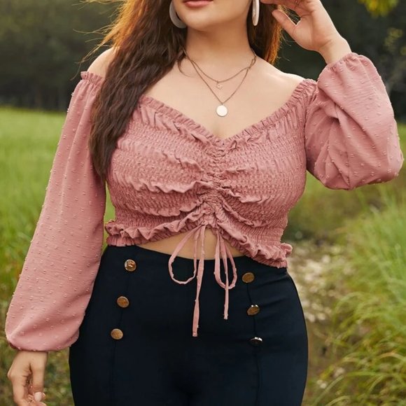 Shirred Drawstring Front Crop Top - Picture 1 of 2